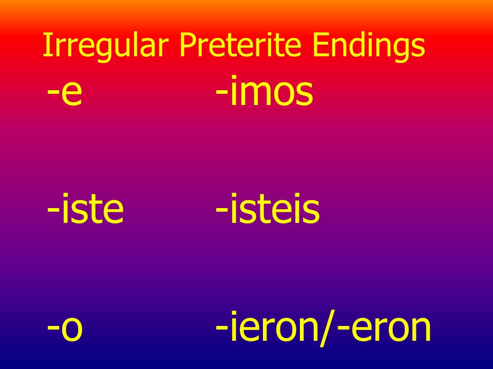 Irregular Preterites: Several other verbs such as venir, poner, decir, and traer follow a pattern in the preterite that is similar to that of estar, poder, and tener.