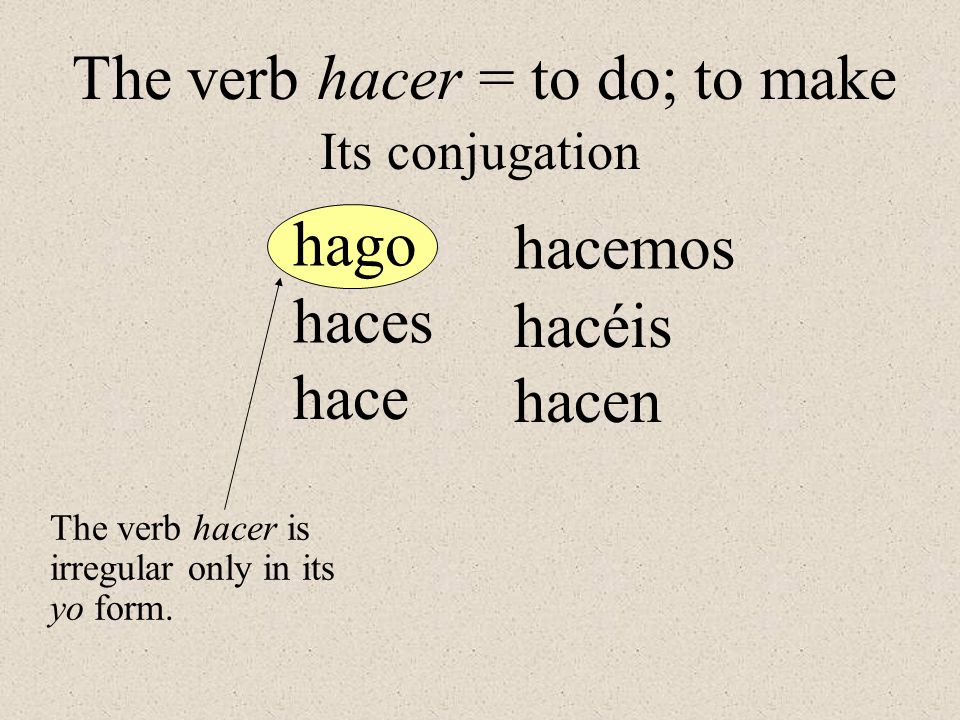 The verb hacer = to do; to make Its conjugation The verb hacer is irregular only in its yo form.