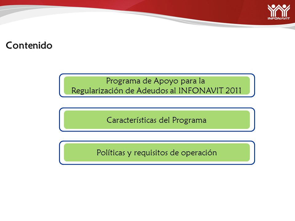 Contenido Programa de Apoyo para la Regularización de Adeudos al INFONAVIT 2011 Características del Programa Políticas y requisitos de operación