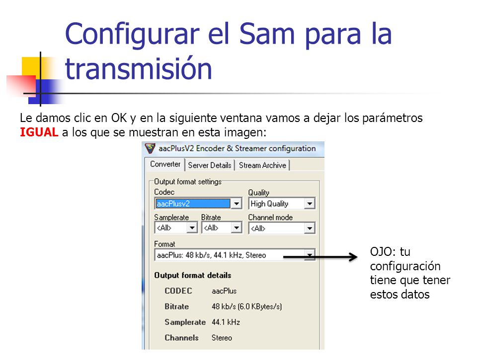 Configurar el Sam para la transmisión Le damos clic en OK y en la siguiente ventana vamos a dejar los parámetros IGUAL a los que se muestran en esta imagen: OJO: tu configuración tiene que tener estos datos