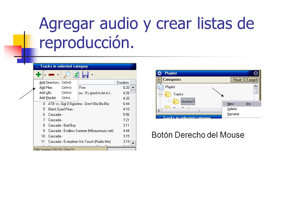 Agregar audio y crear listas de reproducción. Botón Derecho del Mouse