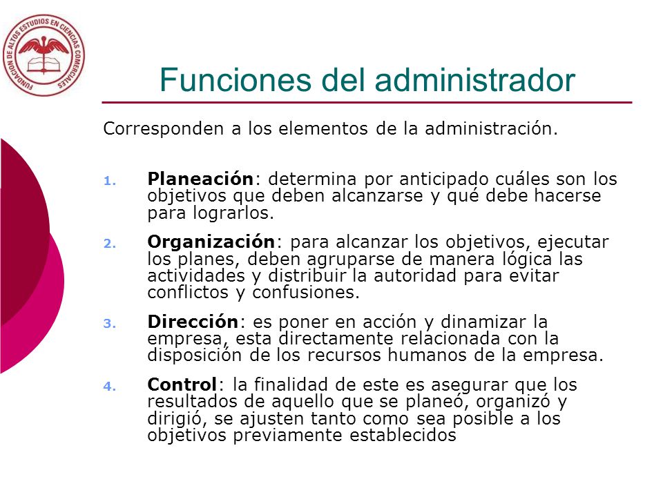 Funciones del administrador Corresponden a los elementos de la administración.