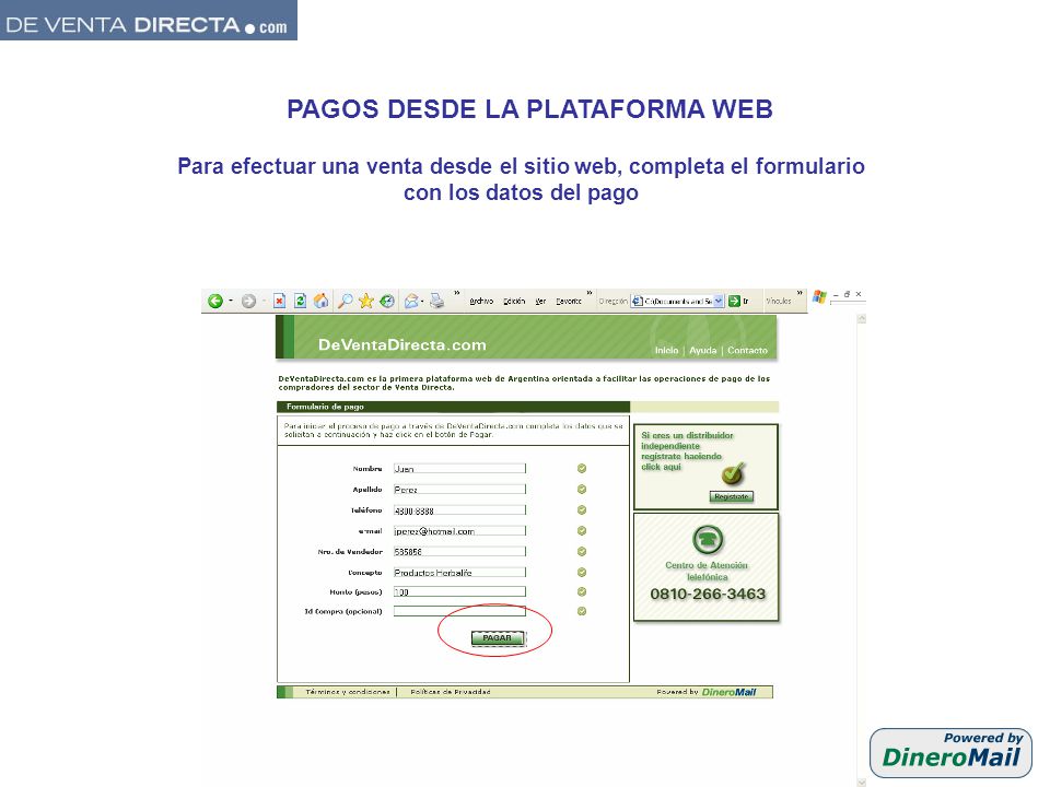 PAGOS DESDE LA PLATAFORMA WEB Para efectuar una venta desde el sitio web, completa el formulario con los datos del pago