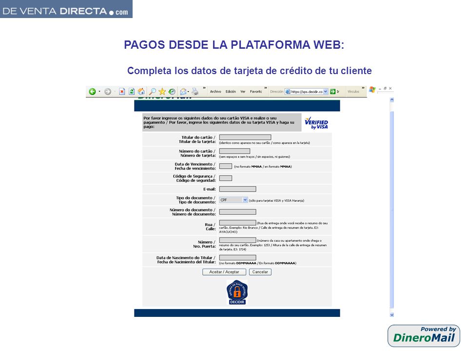 PAGOS DESDE LA PLATAFORMA WEB: Completa los datos de tarjeta de crédito de tu cliente