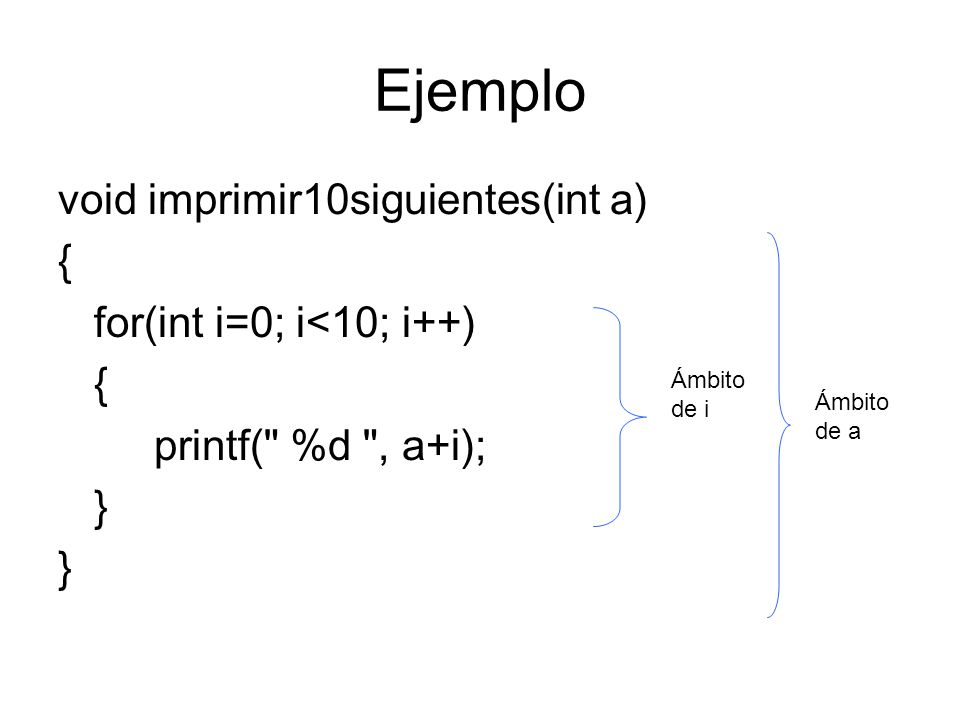 Ejemplo void imprimir10siguientes(int a) { for(int i=0; i<10; i++) { printf( %d , a+i); } Ámbito de i Ámbito de a