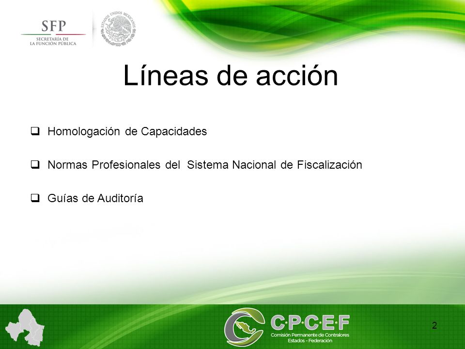 Líneas de acción 2  Homologación de Capacidades  Normas Profesionales del Sistema Nacional de Fiscalización  Guías de Auditoría