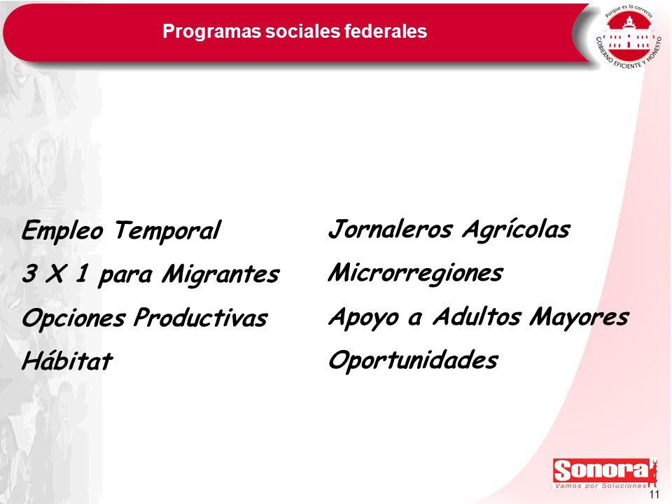 11 Programas sociales federales Empleo Temporal 3 X 1 para Migrantes Opciones Productivas Hábitat Jornaleros Agrícolas Microrregiones Apoyo a Adultos Mayores Oportunidades