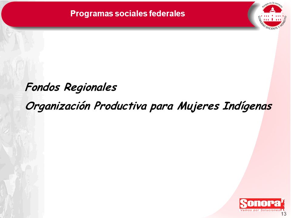 13 Programas sociales federales Fondos Regionales Organización Productiva para Mujeres Indígenas