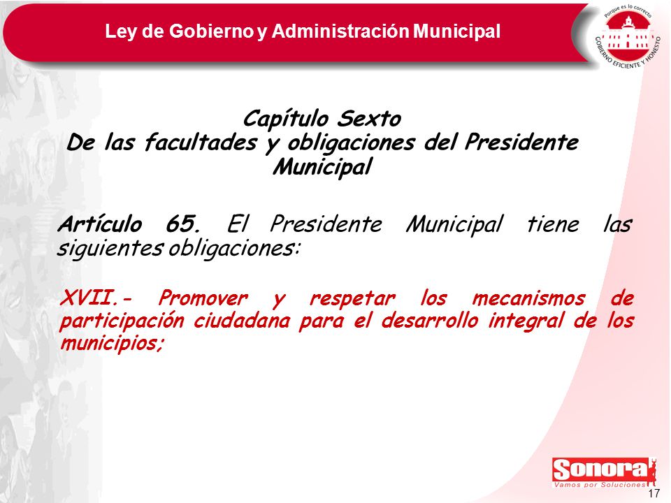 17 Ley de Gobierno y Administración Municipal Capítulo Sexto De las facultades y obligaciones del Presidente Municipal Artículo 65.