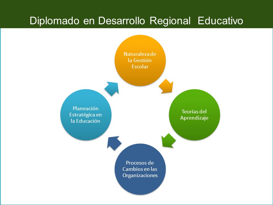 Diplomado en Desarrollo Regional Educativo Naturaleza de la Gestión Escolar Teorías del Aprendizaje Procesos de Cambios en las Organizaciones Planeación Estratégica en la Educación
