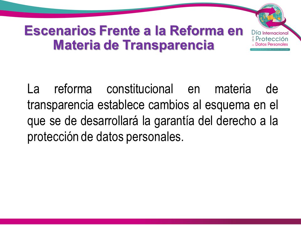 Escenarios Frente a la Reforma en Materia de Transparencia La reforma constitucional en materia de transparencia establece cambios al esquema en el que se de desarrollará la garantía del derecho a la protección de datos personales.