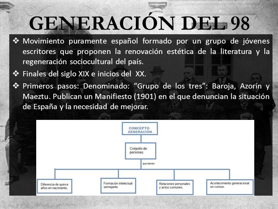 GENERACIÓN DEL 98  Movimiento puramente español formado por un grupo de jóvenes escritores que proponen la renovación estética de la literatura y la regeneración sociocultural del país.