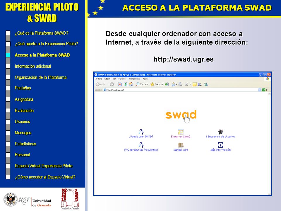 EXPERIENCIA PILOTO & SWAD Vicedecanato de Convergencia Europea y Nuevas Titulaciones ACCESO A LA PLATAFORMA SWAD ¿Qué es la Plataforma SWAD.