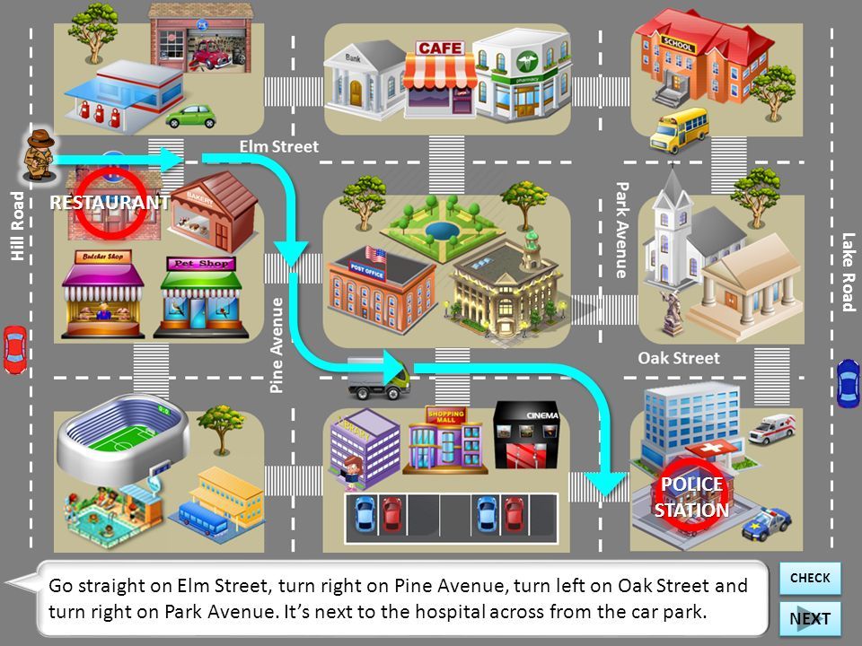 Go straight on Oak Street, pass the cinema and the shopping mall, turn right on the corner of the post office, go straight on Pine Avenue, and cross Elm Street.
