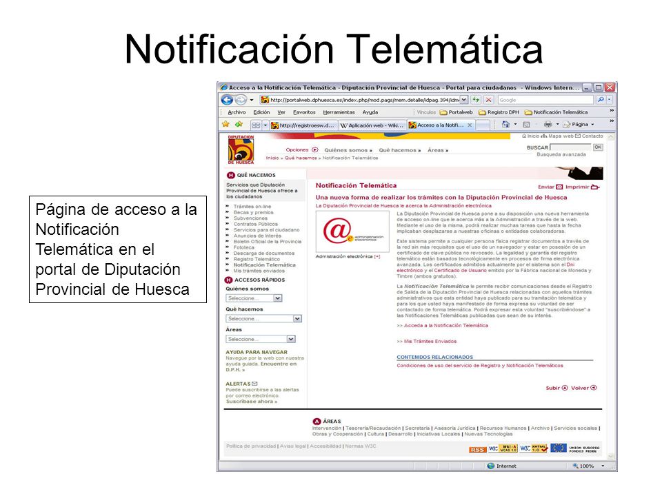 Notificación Telemática Página de acceso a la Notificación Telemática en el portal de Diputación Provincial de Huesca