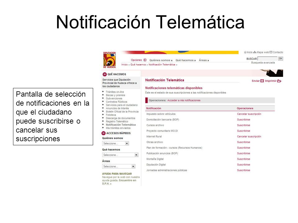 Notificación Telemática Pantalla de selección de notificaciones en la que el ciudadano puede suscribirse o cancelar sus suscripciones