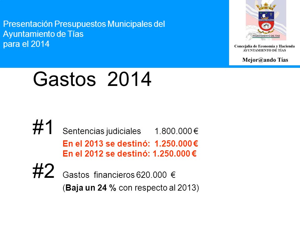 Presentación Presupuestos Municipales del Ayuntamiento de Tías para el 2014 Gastos 2014 #1 Sentencias judiciales € En el 2013 se destinó: € En el 2012 se destinó: € #2 Gastos financieros € (Baja un 24 % con respecto al 2013)