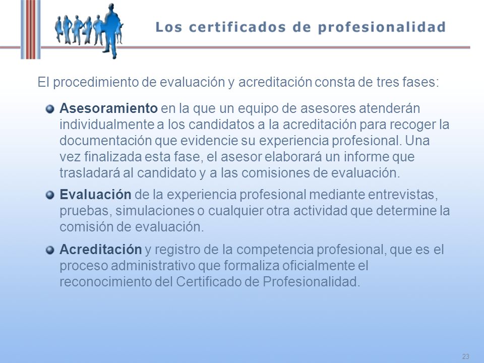 23 El procedimiento de evaluación y acreditación consta de tres fases: Asesoramiento en la que un equipo de asesores atenderán individualmente a los candidatos a la acreditación para recoger la documentación que evidencie su experiencia profesional.