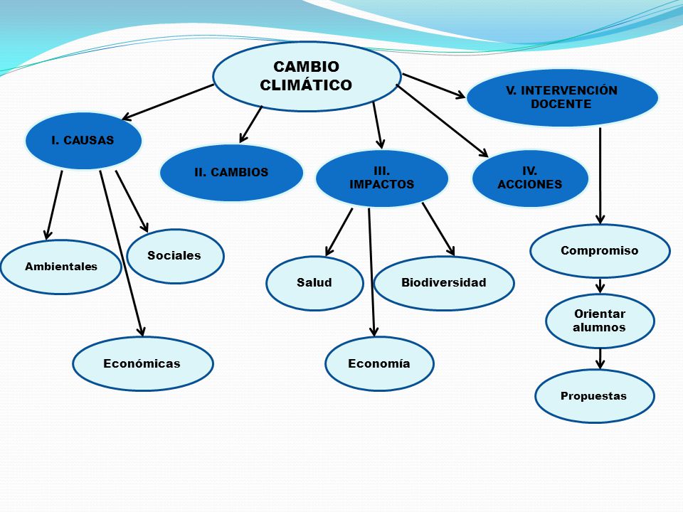 CAMBIO CLIMÁTICO I. CAUSAS IV. ACCIONES III. IMPACTOS II.