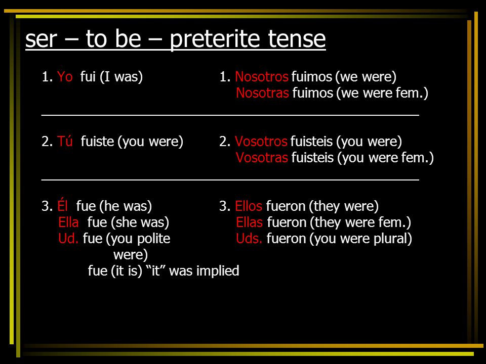 ser – to be – preterite tense 1. Yo fui (I was) __________________________ 2.