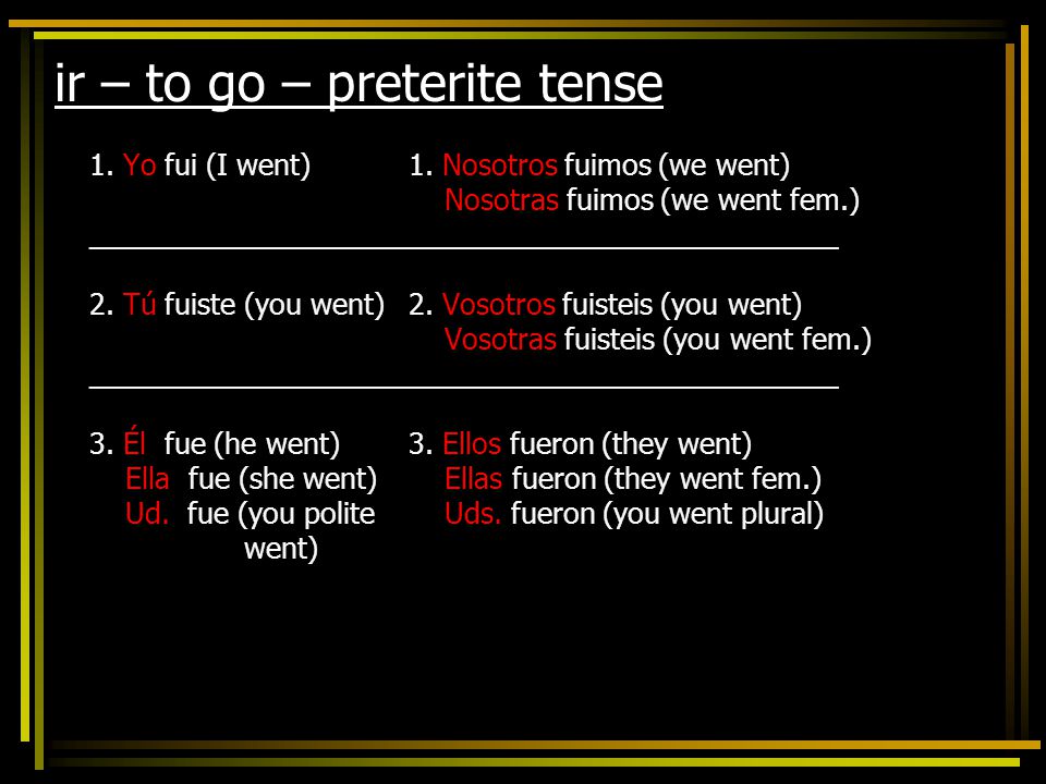 ir – to go – preterite tense 1. Yo fui (I went) __________________________ 2.