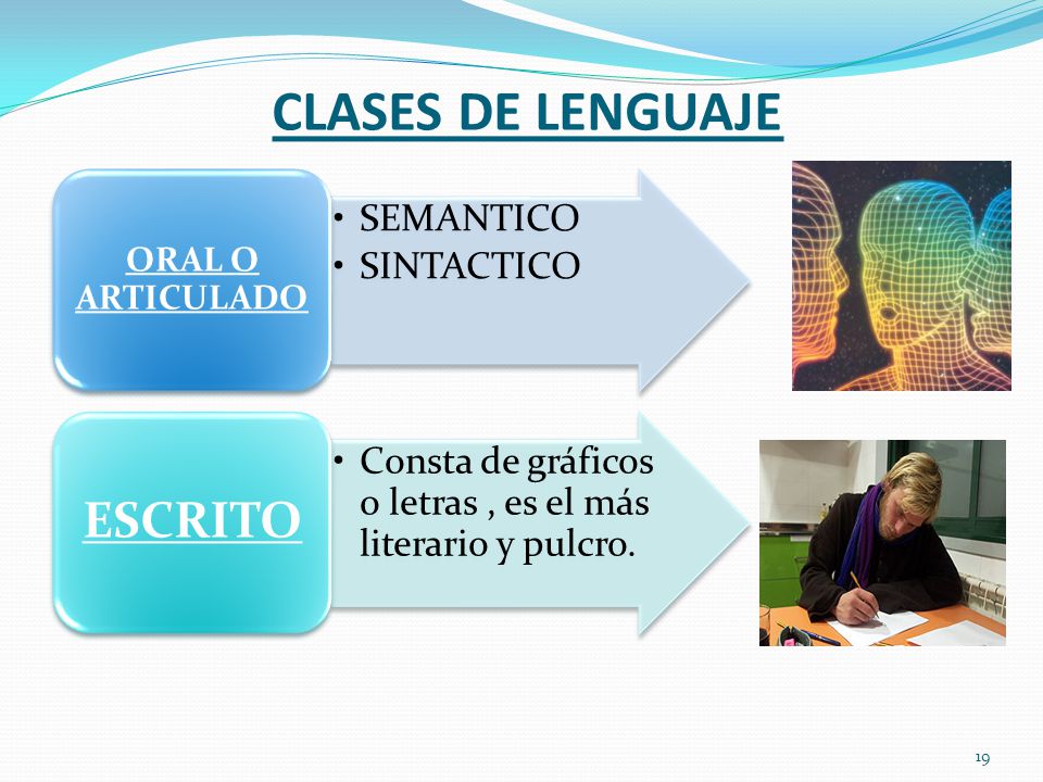 CLASES DE LENGUAJE 19 SEMANTICO SINTACTICO ORAL O ARTICULADO Consta de gráficos o letras, es el más literario y pulcro.