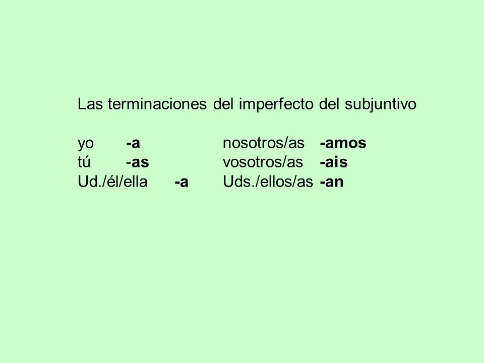 Las terminaciones del imperfecto del subjuntivo yo-anosotros/as-amos tú-asvosotros/as-ais Ud./él/ella -aUds./ellos/as-an