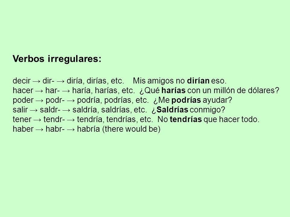 Verbos irregulares: decir → dir- → diría, dirías, etc.
