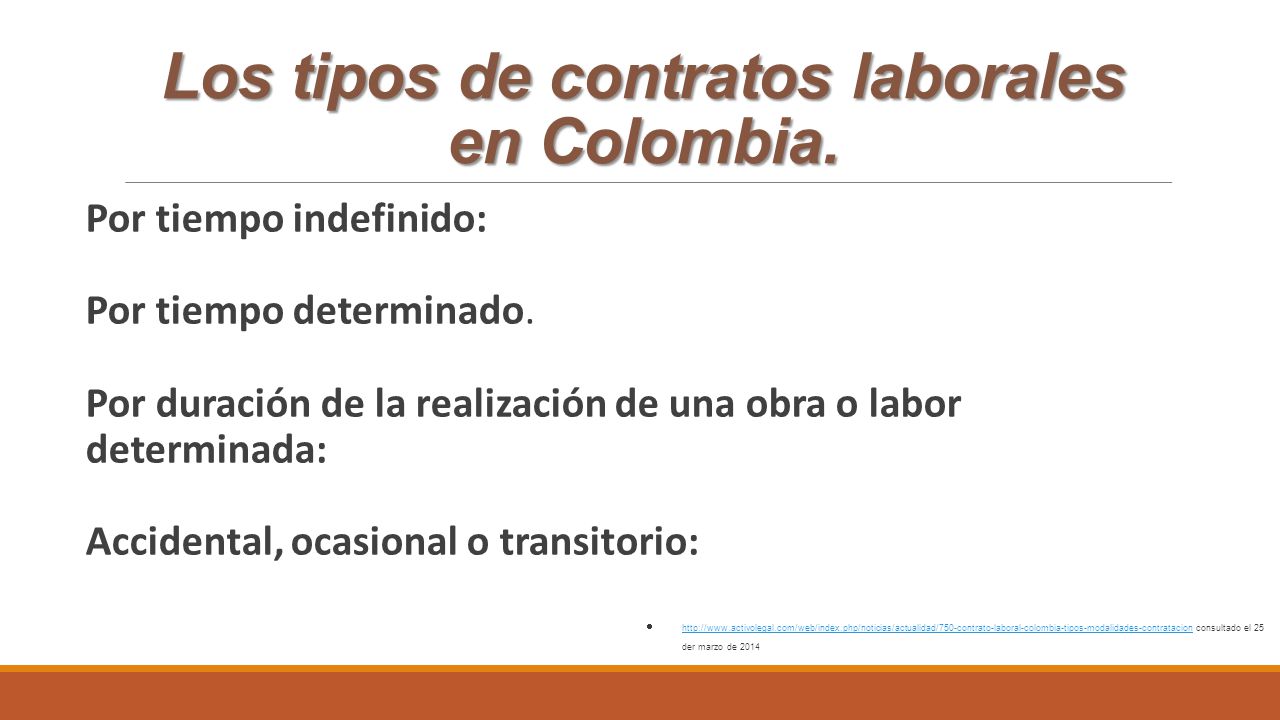 Los tipos de contratos laborales en Colombia. Por tiempo indefinido: Por tiempo determinado.