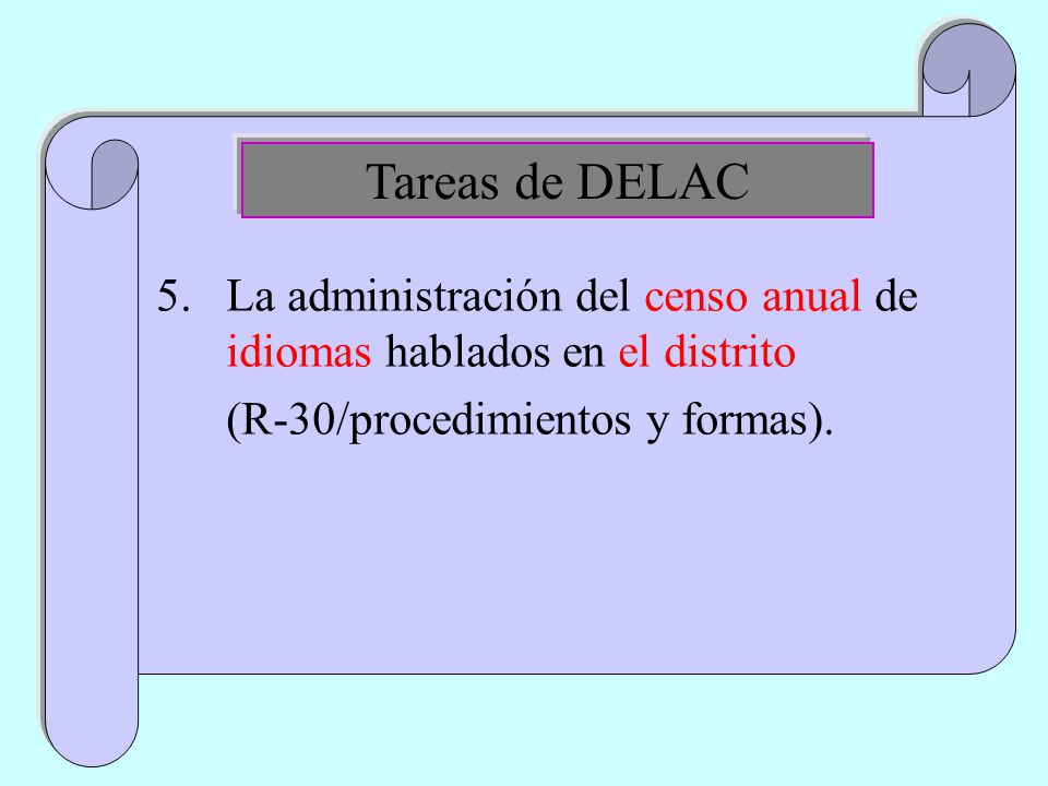 5.La administración del censo anual de idiomas hablados en el distrito (R-30/procedimientos y formas).