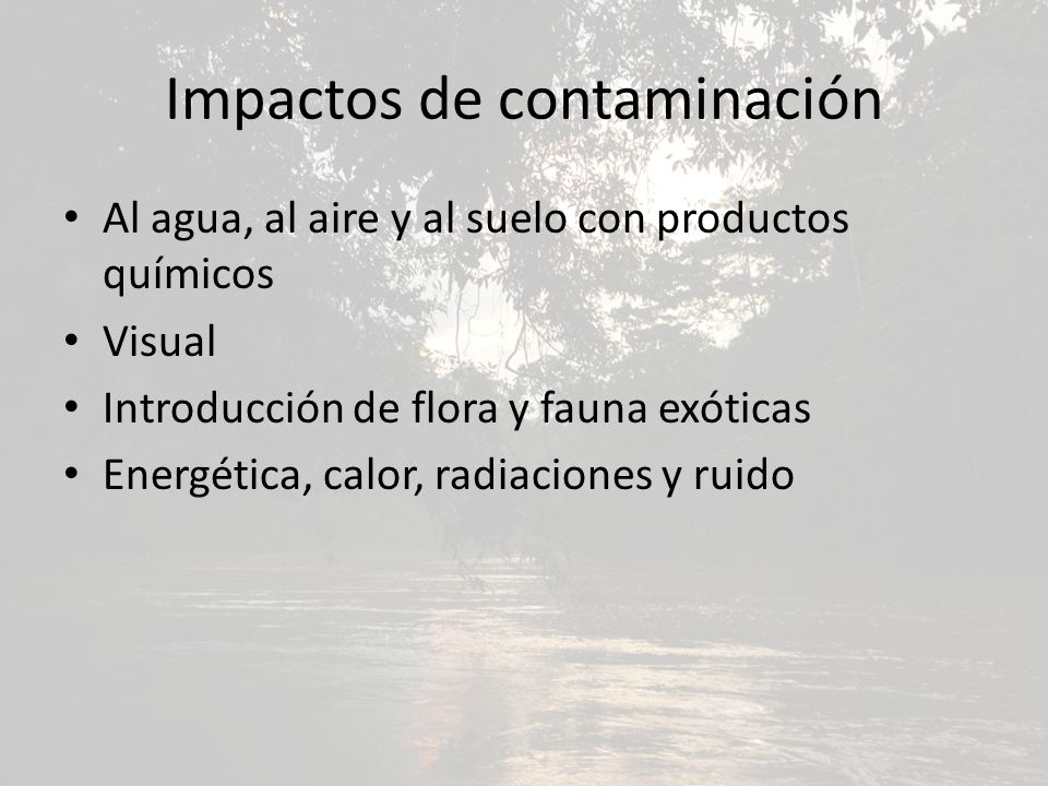 Impactos de contaminación Al agua, al aire y al suelo con productos químicos Visual Introducción de flora y fauna exóticas Energética, calor, radiaciones y ruido