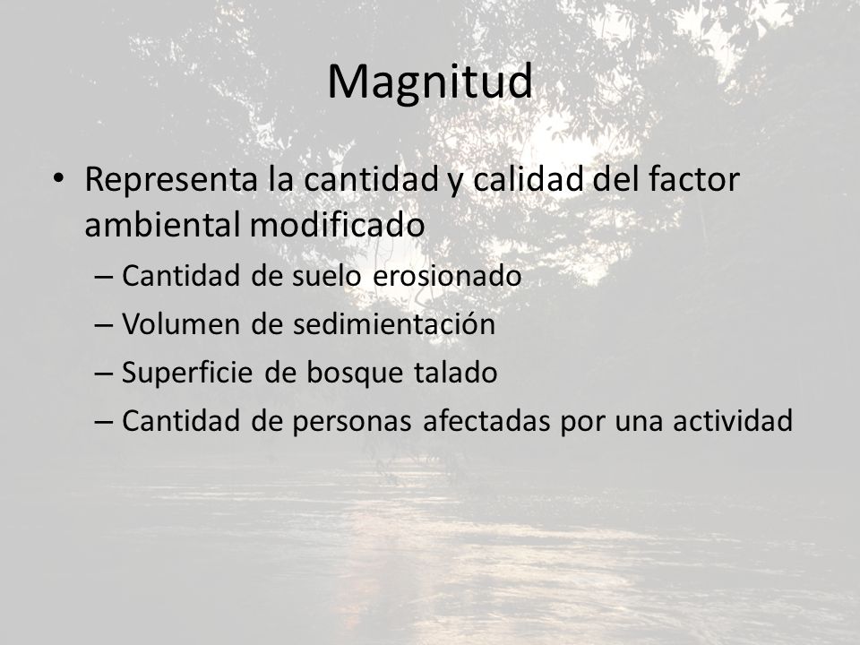 Magnitud Representa la cantidad y calidad del factor ambiental modificado – Cantidad de suelo erosionado – Volumen de sedimientación – Superficie de bosque talado – Cantidad de personas afectadas por una actividad
