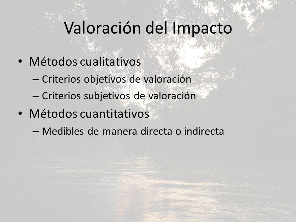 Valoración del Impacto Métodos cualitativos – Criterios objetivos de valoración – Criterios subjetivos de valoración Métodos cuantitativos – Medibles de manera directa o indirecta