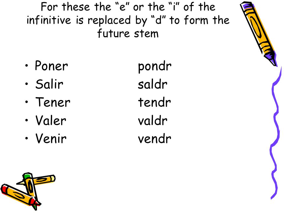 For these the e or the i of the infinitive is replaced by d to form the future stem Ponerpondr Salirsaldr Tenertendr Valervaldr Venirvendr