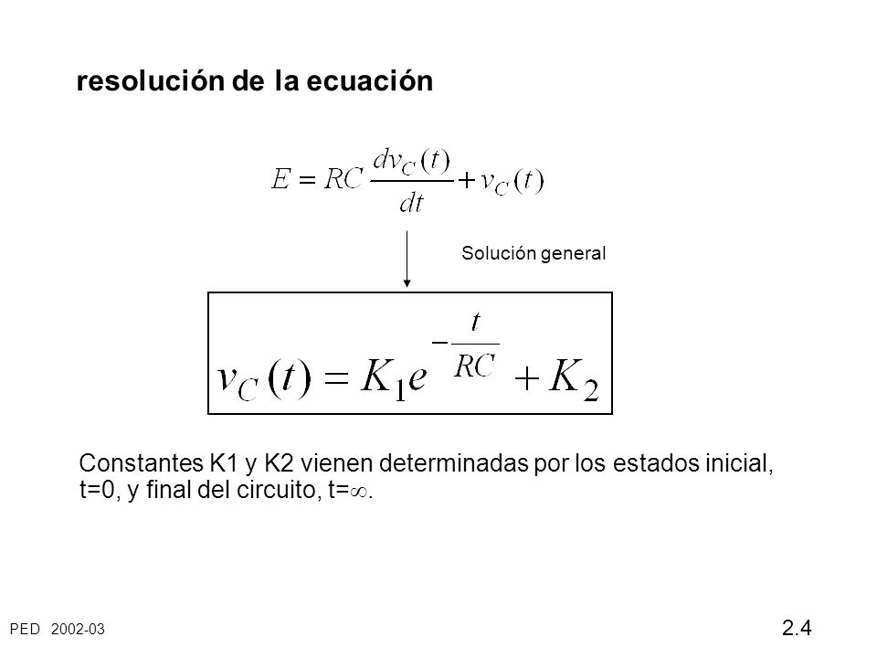 PED resolución de la ecuación Solución general Constantes K1 y K2 vienen determinadas por los estados inicial, t=0, y final del circuito, t= .
