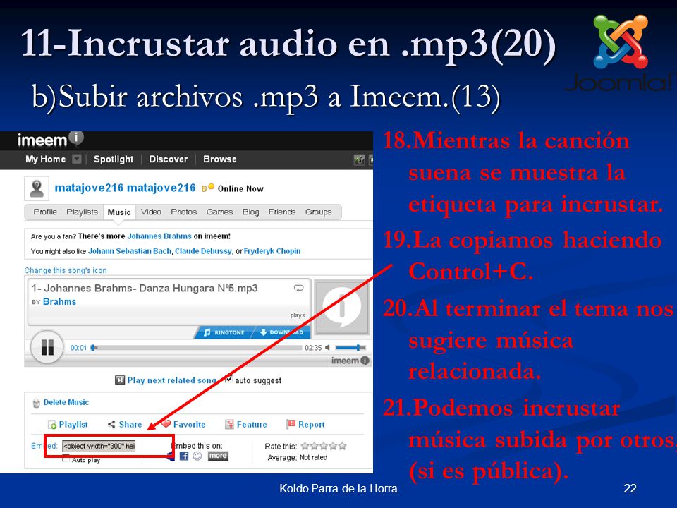 22Koldo Parra de la Horra 11-Incrustar audio en.mp3(20) 18.Mientras la canción suena se muestra la etiqueta para incrustar.