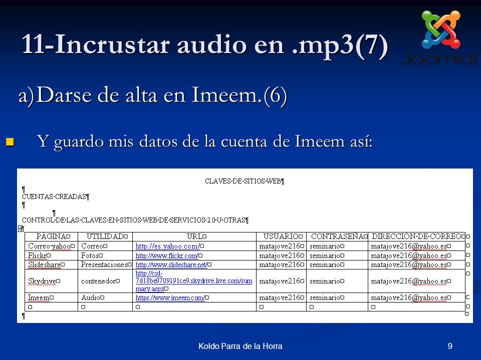 9Koldo Parra de la Horra 11-Incrustar audio en.mp3(7) a)Darse de alta en Imeem.(6) Y guardo mis datos de la cuenta de Imeem así: Y guardo mis datos de la cuenta de Imeem así: