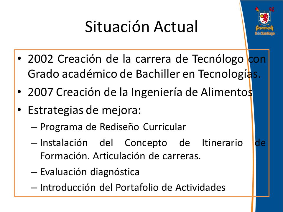 Situación Actual 2002 Creación de la carrera de Tecnólogo con Grado académico de Bachiller en Tecnologías.