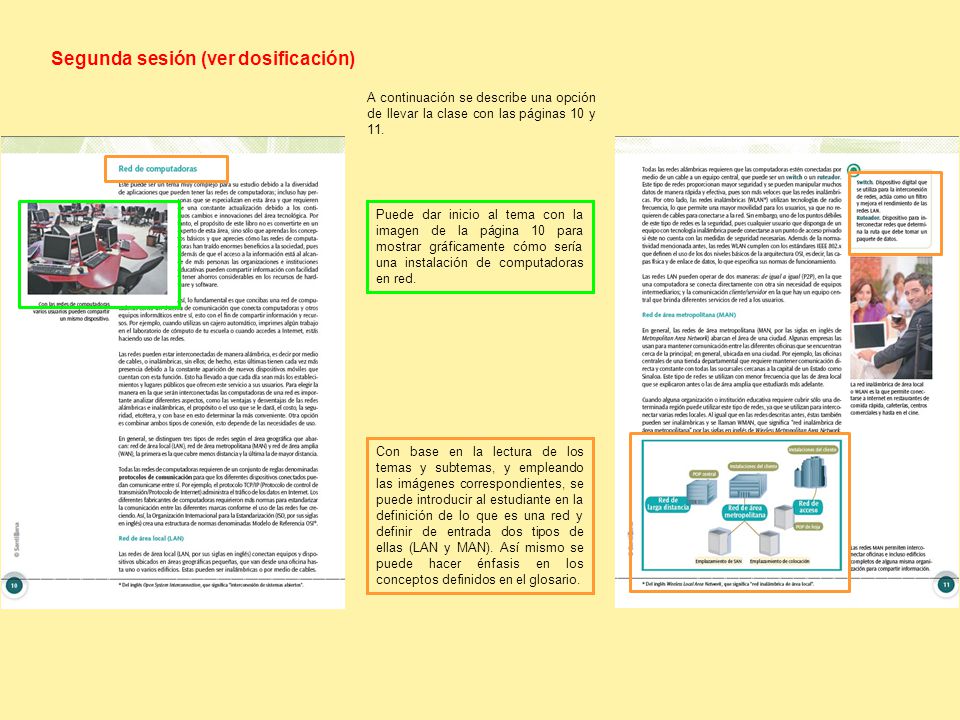 Segunda sesión (ver dosificación) Puede dar inicio al tema con la imagen de la página 10 para mostrar gráficamente cómo sería una instalación de computadoras en red.