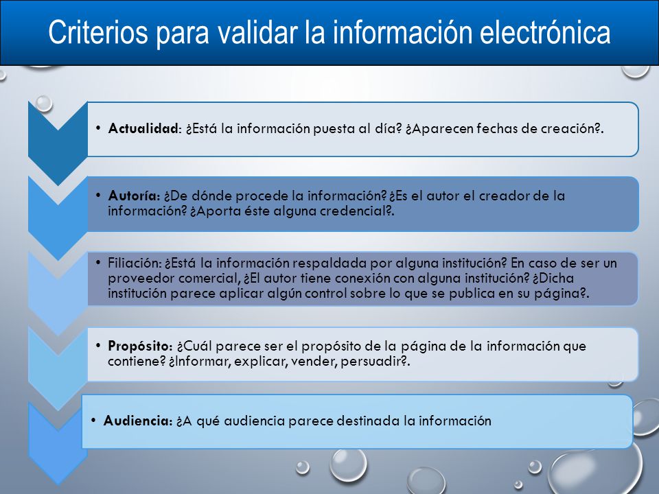 Criterios para validar la información electrónica Actualidad: ¿Está la información puesta al día.