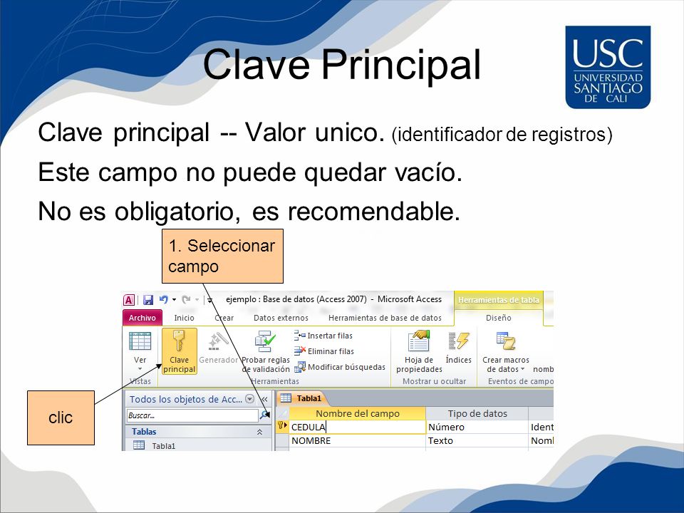 Clave Principal Clave principal -- Valor unico.